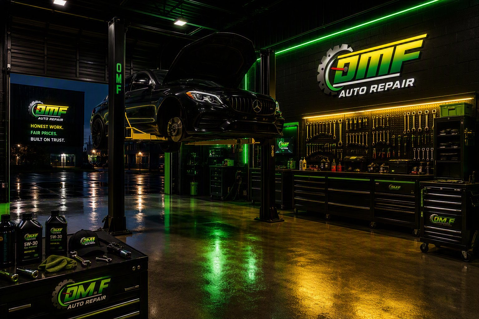 Inside the O.M.F Auto Repairs shop in Lodi, NJ